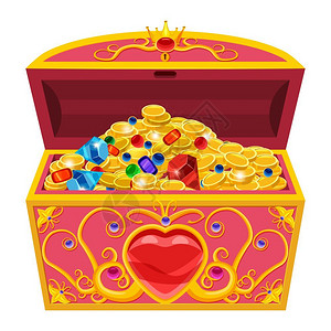 公主藏宝箱装有钻石和金的饰品珠宝硬币石矢量插图漫画风格孤立背景图片