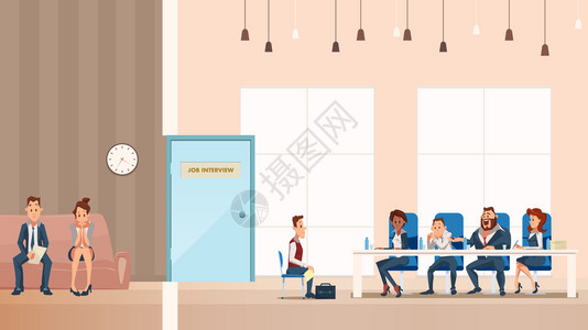 Sofa雇员办公室工作面试程序在办公室工作面试程序在走廊等待的人与男候选人正式诉讼交谈的老板工作空间卡通FlatVictorI说背景图片