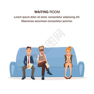 雇员在等候室的Couche坐在等候室的CouchQuue担心的Pensive男人和女等待办公室的工作面试候选人格穿戴正式诉讼卡通背景图片