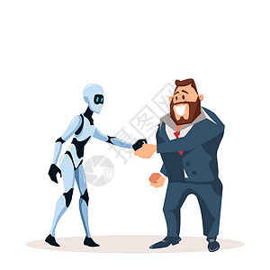 与机器人握手服装和机器人摇控手的快乐商人与工智能功的伙伴关系正式穿戴和男智能机器人与办公室工作员达成协议卡通平方矢量说明服装和机器人摇握手的背景