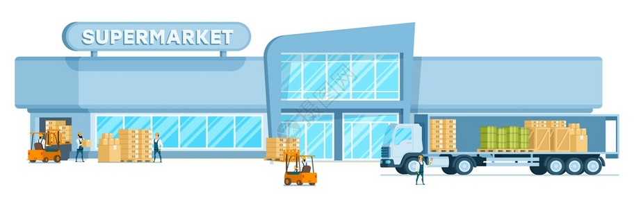 装运超市卸载货物的运和现代玻璃市集插画