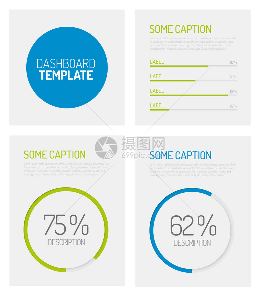 带有平面设计图表和的简单信息仪表板模绿色和蓝版本图片