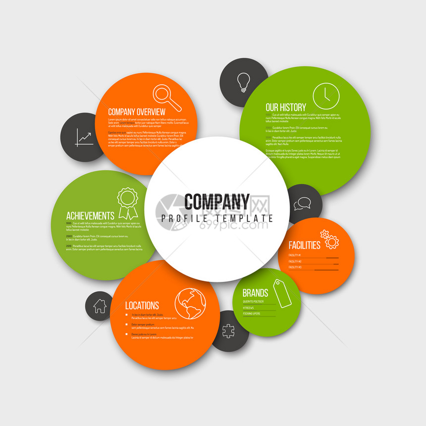 矢量公司Infophic概览设计模板内容包含多彩环橙色和绿版图片