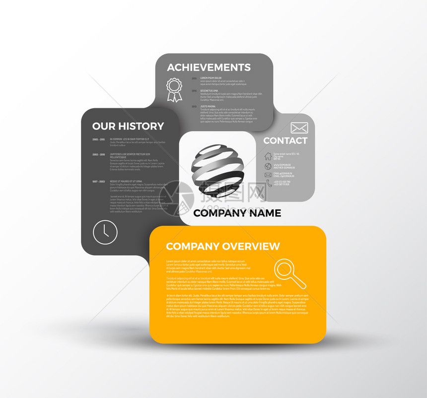 矢量公司含有四面形标签的全景概览设计模板黄色光版信息概览设计模板图片