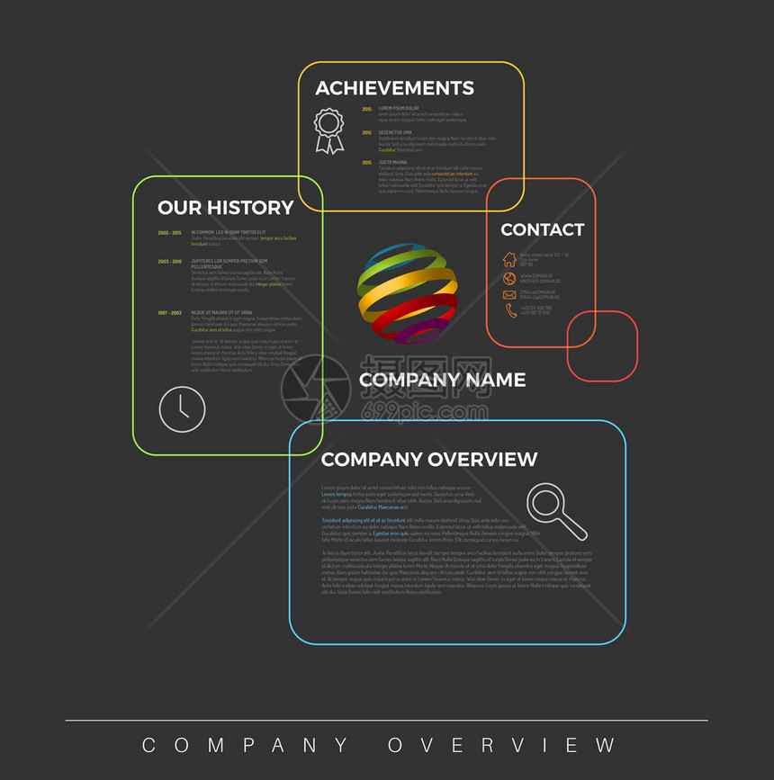 矢量公司Infographic概览设计模板配有彩色方框黑暗版本公司Infographic概览设计模板图片