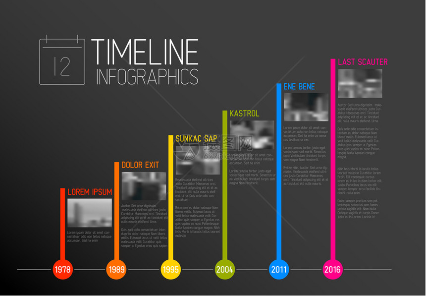 具有最大里程碑照片年份和描述的矢量多彩Infographic印刷时间报告模板暗版图片