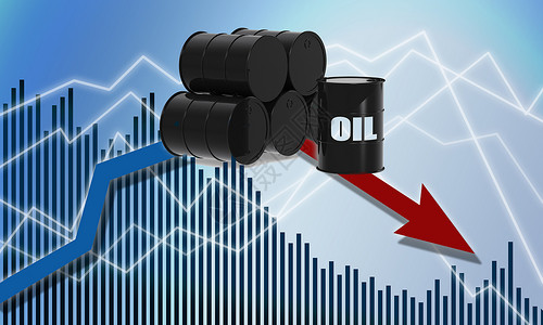 石油贸易几桶石油和一张红图下降石油价格概念3D背景