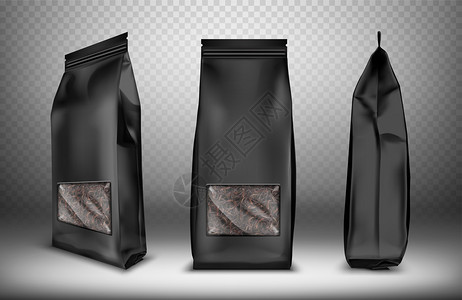 咖啡袋装有透明窗口现实矢量的黑色空白塑料或粉末盒式零食袋茶糖果和咖啡用袋或式箱箱咖啡茶糖甜和和面和面面和侧纸袋式零插画
