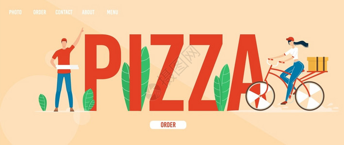 PizzeriaFastFood餐馆或CafeTrendyFlatVictorWebBanner搭载运送人持有披萨盒的落地页面模背景图片
