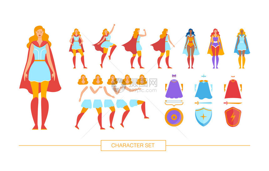 超女格建构器孤立的趋势平板设计元素集各种诗中的女超英雄身体部件脸表达式彩色角面罩盾牌和说明图片