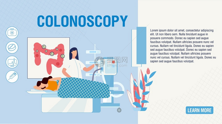 平板着陆页提供科洛诺复印程序诊所实验室的卡通病人和医生肠道疾病筛查医院的预防和治疗病媒室内健康说明图片