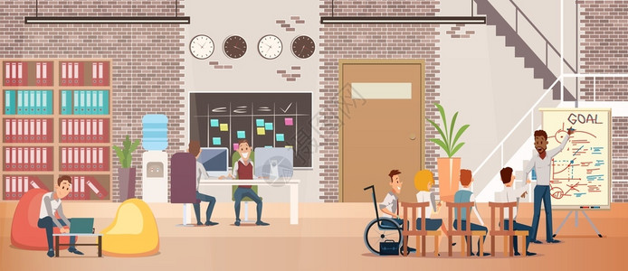 业务协同残疾人的工作机会残疾人趋势平板病媒概念轮椅雇员公司与办室同事会晤讨论和规划业务战略插画