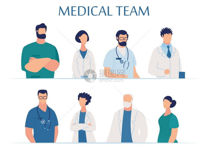 诊所和医院疗小组介绍专业工作人员医生开业护士和实验室助理穿制服的漫画人特征病媒平方说明图片