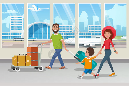 机场接机服务与家人一起旅行由飞机卡通矢量概念与快乐父母携带行李的托雷在机场终点走廊与儿童同行前往飞机驾驶舱说明插画