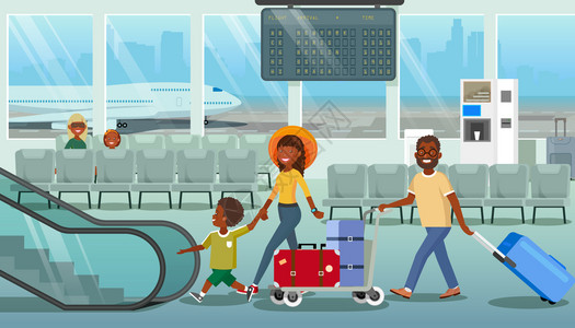 由近到远家庭离开或抵达机场的卡通矢量概念由有小孩的非裔美国人父母携带行李步到机场的电车站插画