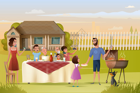 家庭户外烧烤快乐一家人在绿草地烤肉矢量插画插画