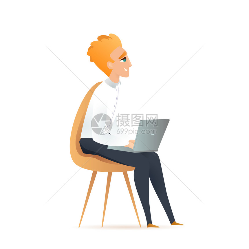 自由职业者坐在手提电脑椅子上年轻的微笑者穿着衬衫男自由职业者计算机工作的快乐商人弗拉特卡通矢量说明自由职业者坐在椅子上自由职业者图片