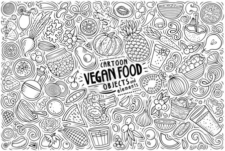 矢量手绘制维冈食物主题品和符号的涂鸦漫画集图片
