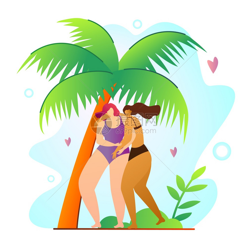 Sunny旅行贺卡热带放松通年轻女在棕榈树下的海滩上度过时间平坦热带树和海后或洋假期健康与矢量说明图片
