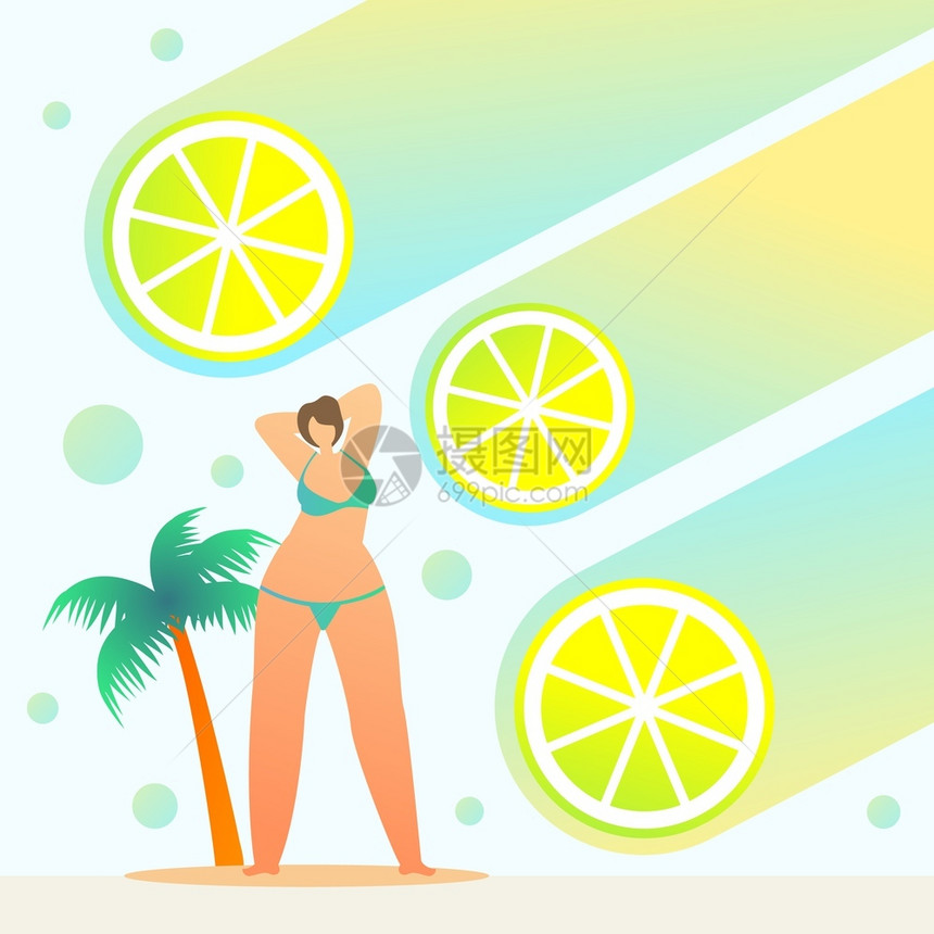 美丽的夏日多彩柠檬切片女孩穿着泳衣在棕榈树下矢量插画图片