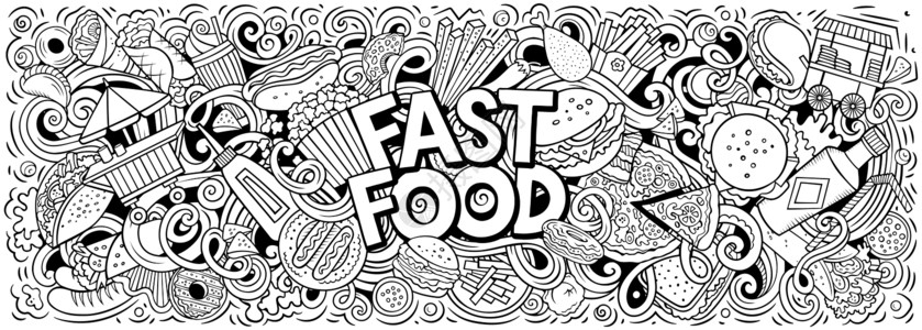 童鞋卡通字体Fastfood手画卡通涂鸦图解快餐有趣的物品和元素海报设计创意艺术背景线条矢量横幅快餐手画卡通涂鸦图解多彩矢量横幅背景