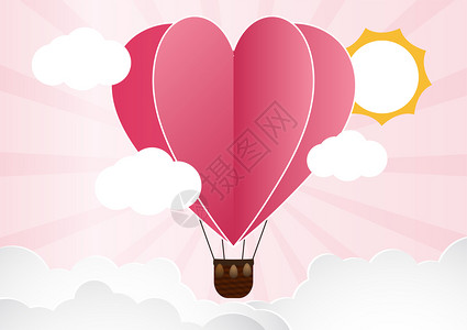 可爱心形热气球Origami制作热气球在云上飞翔心浮在天空上插画