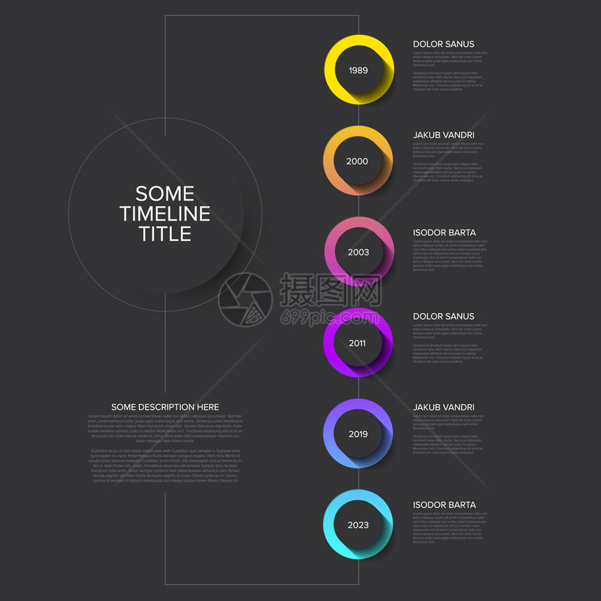 带有垂直线条的矢量活时间表模板带有阴影和各种描述的圆按钮以及各种描述暗版带有圆按钮的时线模板图片