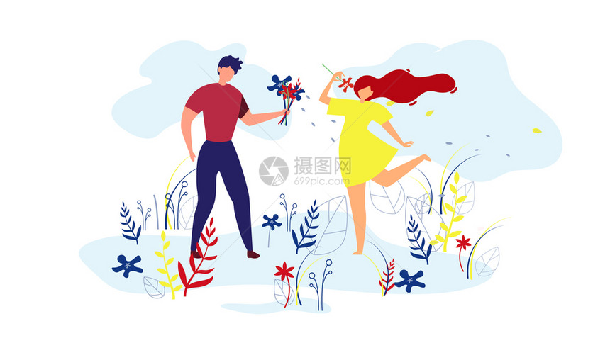 男孩送花给女孩共度浪漫时光矢量插画图片