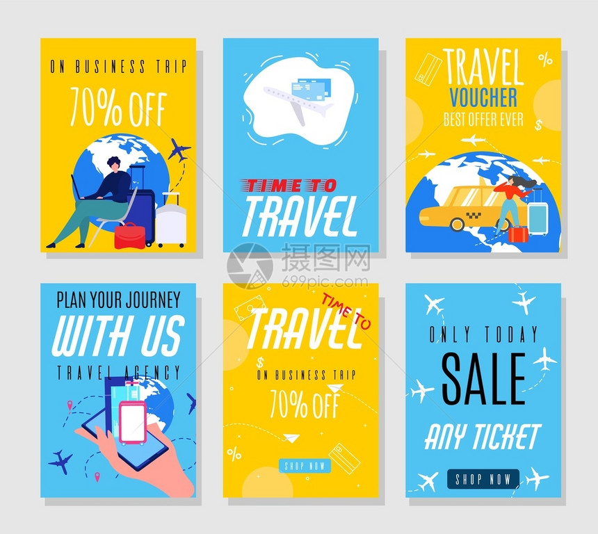 旅行社销售在线预订服务广告折扣矢量插画图片