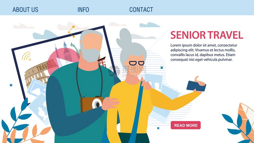 为老年夫妇提供最佳旅游的落地页面快乐的退休男人和妇女一起旅行通过互联网分享印象电话自拍旅行社矢量说明图片