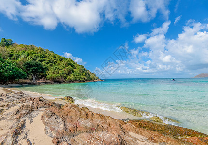 沙滩海浪面和岸景岩石对美丽的热带景观海滩滨岛的观察这些屿有海洋蓝天和泰国暑假沙滩度的地背景背景图片