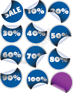 销售百分比的标签徽章和蓝色贴纸图片