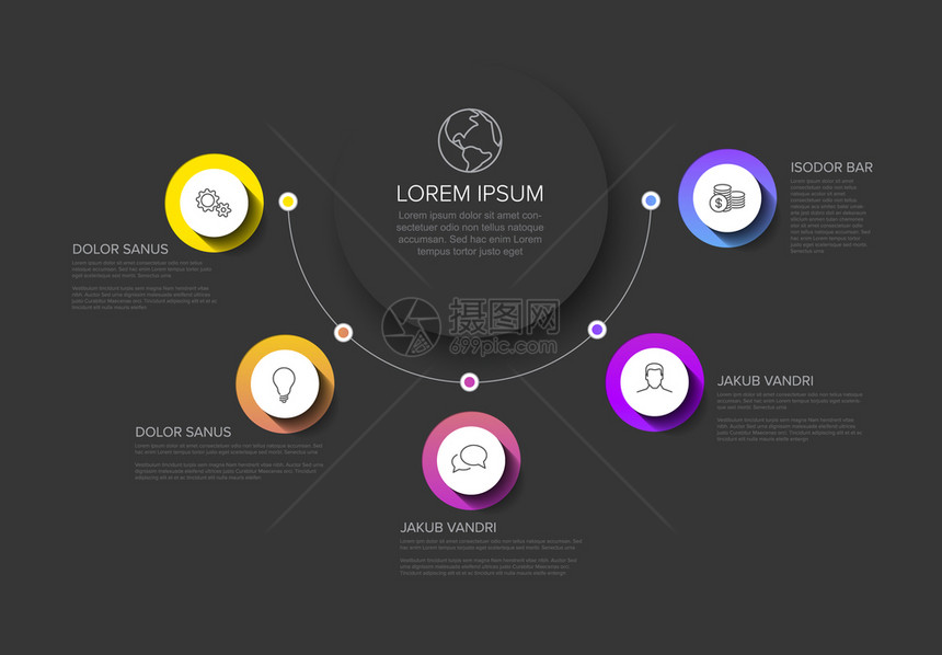 多用途矢量Infographic模板带有标题和五个元素选项以及暗底背景上的现代颜色图片