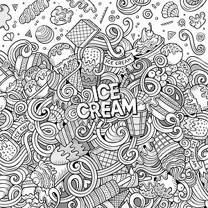 手绘卡通冰淇淋卡通手工拖曳的面条冰cream插图线条艺术详细有许多对象矢量设计背景背景