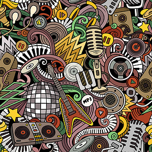 卡通主持人卡通可爱的doodlesDisco音乐无缝模式多彩详细有很对象背景所有元素都分开带乐器的回滚音乐无缝模式背景