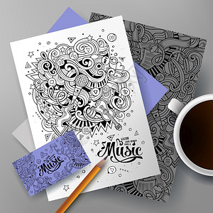 卡通可爱多彩的矢量手工绘制涂鸦是音乐界公司身份图集名片传单海报桌上文件的模板设计身份证件高清图片素材