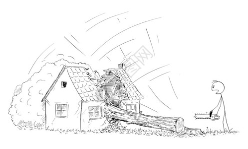 矢量卡通插图描绘一个有链锯或伐木工人的概念图他们砍树看着倒在房子里DIY概念或自己做财产保险矢量卡通用链锯或Lumberbrac背景图片