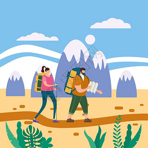 爱在户外旅游活动探险旅行徒步爱在户外游活动夫妇探险行徒步游运动休闲背包或野外旅行山地景观游客随行者或朋友的对等之处背景图片