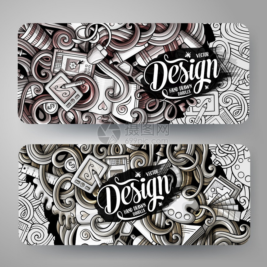 卡通图形矢量手工绘制的doodles设计者公司身份2个水平横幅设计模板置计者公司身份图片