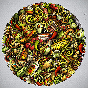 涂鸦圆墨西哥食品手工绘制的矢量图解烹饪海报设计墨西哥菜单元素和对象卡通背景明亮的颜色滑稽图片所有物品分开墨西哥食品手工绘制的矢量图解墨背景
