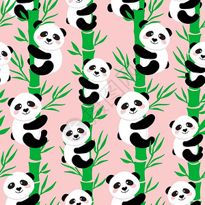 熊猫图案竹树上的卡通熊猫无缝图案插画