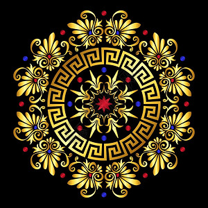 金色黑色背景传统古金和红圆希腊装饰品和黑色背景植物模式矢量金希腊装饰品Meander插画