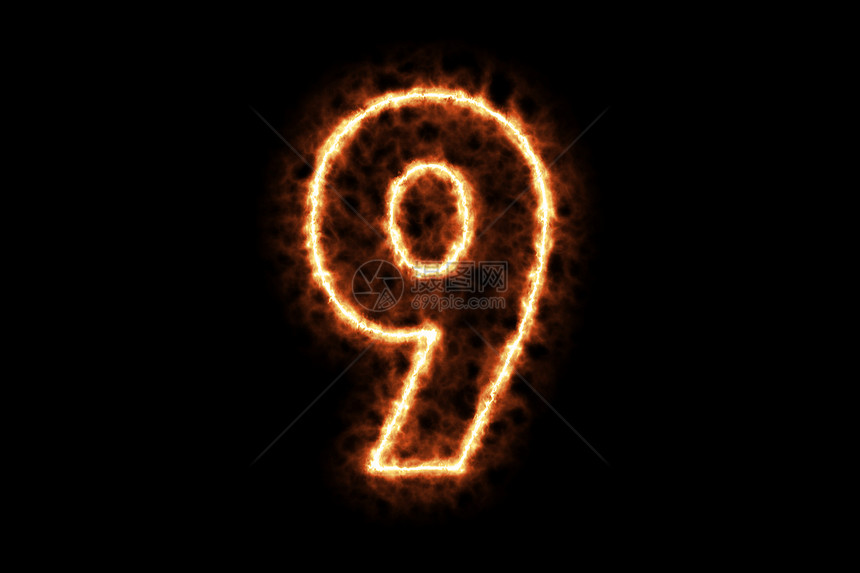 火焰燃烧形成9号黑色背景上孤立的字母文符3D显示插图热框架点火和有符号的烟雾图片