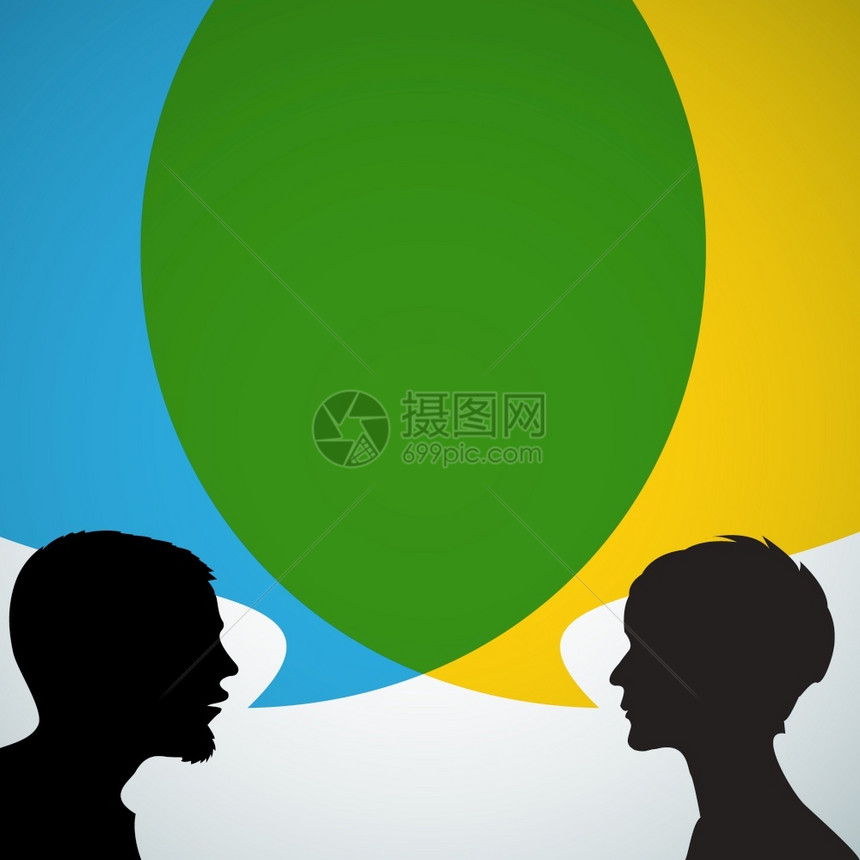 带有蓝色和黄大泡沫聊天对话谈或讨论的抽象讲人轮光灯图片