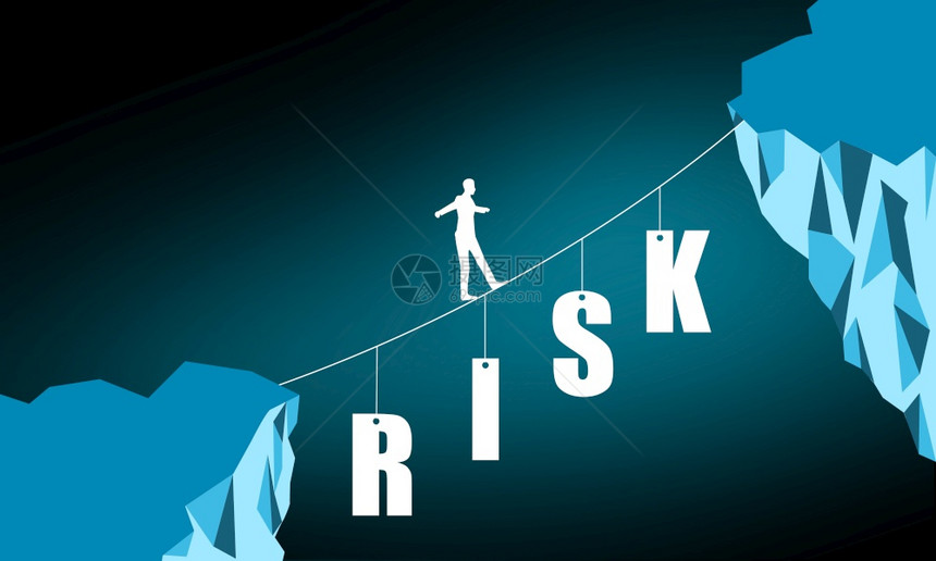 男人在绳子上行走时冒风险单词商业风险概念3D图片
