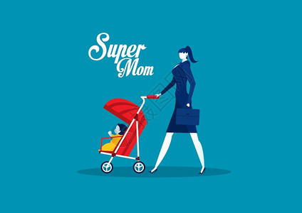 婴儿购物车母亲与婴儿分娩母亲日超级概念矢量插画