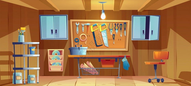 储藏室装有仪器木工具和修理程的停车场插画