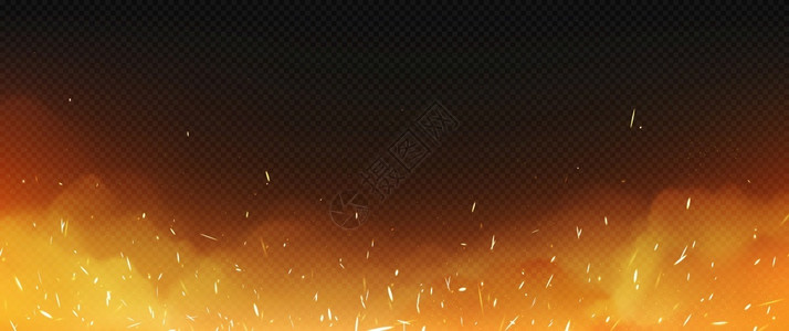 尾焰用烟雾和焊接火花的现实焰在透明背景中隔离的火焰燃烧营焰效应带蒸汽3D矢量框架边界的橙色和黄耀斑插画