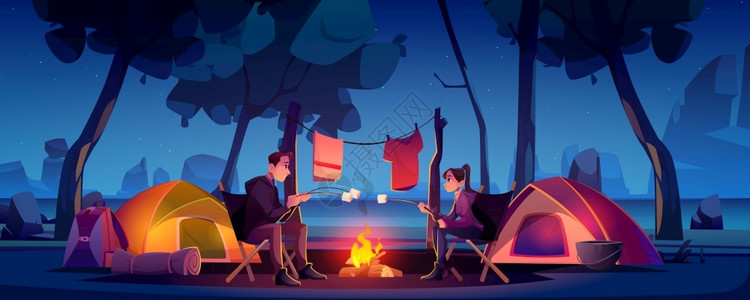 夜间夫妇在有帐篷和营火的夏宿地矢量插画背景图片