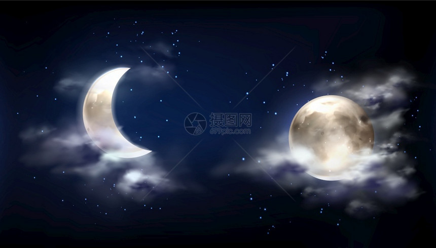 夜空中月亮云和星星矢量插画图片